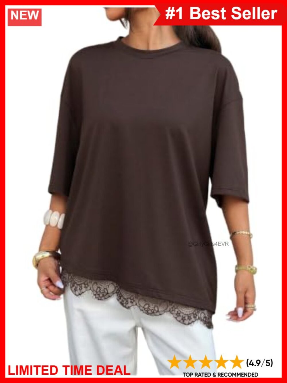 Plus Size Lace Trim Tunic T-Shirt Drop Shoulder Short Sleeve Crew Neck Top - Picture 1 of 4